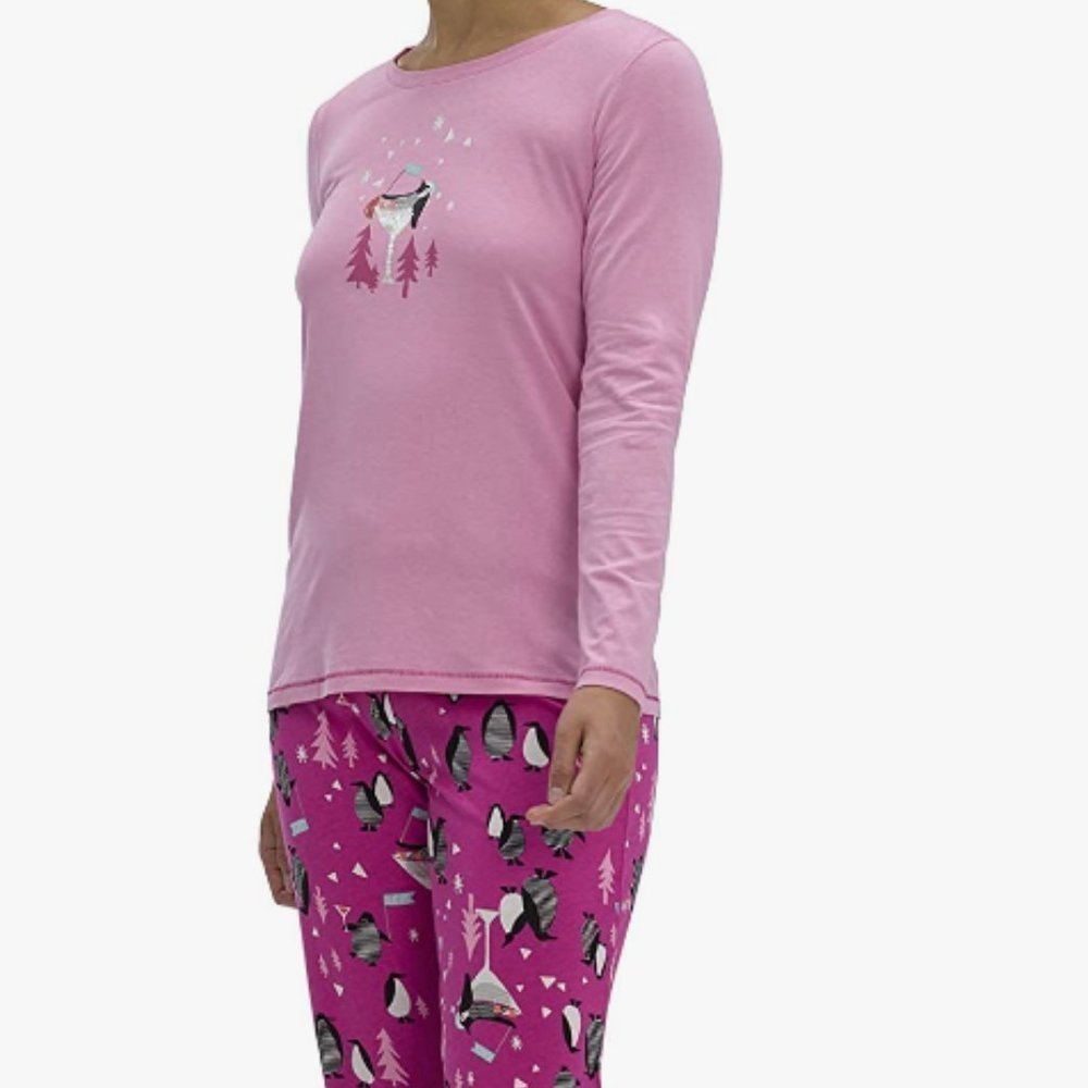 HUE Women's Printed Knit Tee and Pant 3 Piece Pajama Set